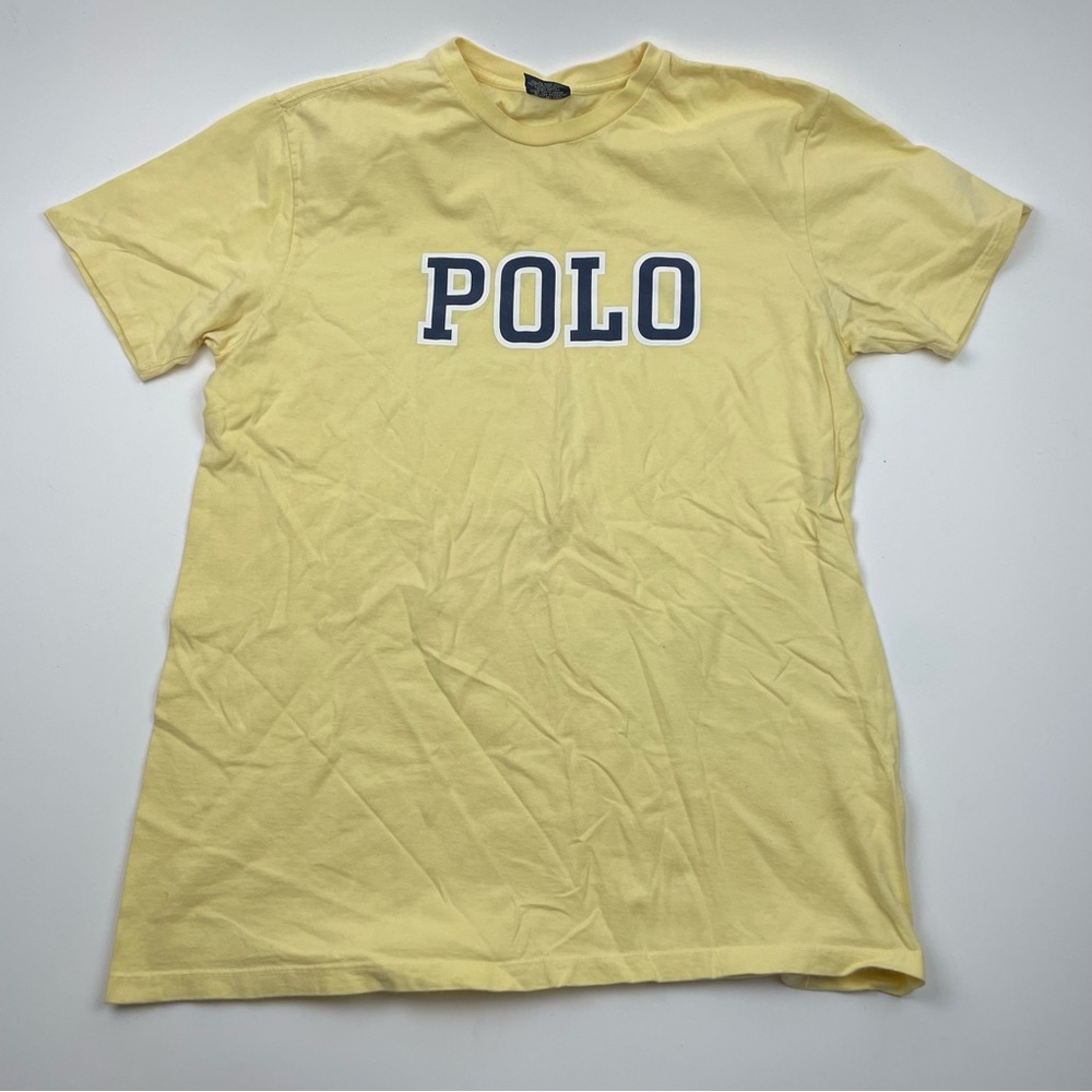Vintage Polo Shirt Yellow Spellout Logo Grunge Y2K Ralph Lauren Size Large
